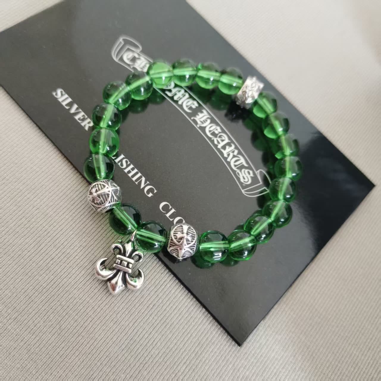 Chrome Hearts Green Beaded Bracelet with Fleur-de-Lis Charm